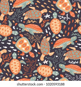 vector seamless background pattern with turtles and sea plants, corals, fishes