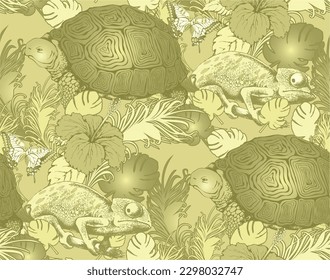 vector seamless background pattern with turtles and plants.