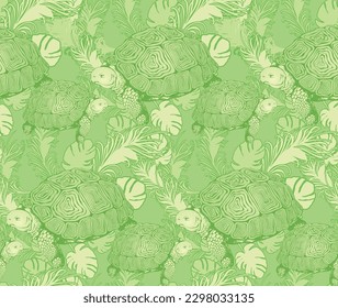 Vector seamless background pattern with turtles and plants. Green backgrounds