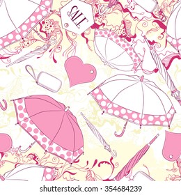 Vector seamless background pattern with umbrellas and fashion accessories