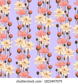 Vector seamless background with pattern of water lilies. Spring texture with blooming stripes and buds.