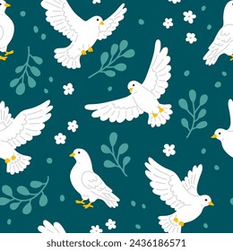 Vector seamless background pattern with white doves and flowers for surface pattern design 