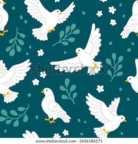 Vector seamless background pattern with white doves and flowers for surface pattern design 