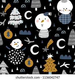 vector seamless background patterns in Scandinavian style,Christmas funny characters and elements fot fabric design, wrapping paper