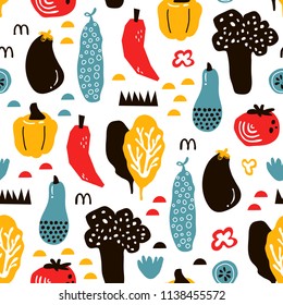 vector seamless background patterns in Scandinavian style,cartoon cute vegetables  and elements for fabric design, wrapping paper, notebooks covers