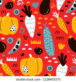 vector seamless background patterns in Scandinavian style,cartoon cute vegetables  and elements for fabric design, wrapping paper, notebooks covers