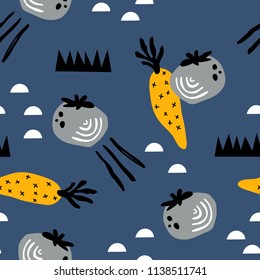 vector seamless background patterns in Scandinavian style,cartoon cute vegetables  and elements for fabric design, wrapping paper, notebooks covers