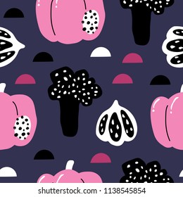 vector seamless background patterns in Scandinavian style,cartoon cute vegetables  and elements for fabric design, wrapping paper, notebooks covers