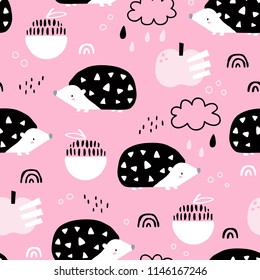 vector seamless background patterns in Scandinavian style,cartoon cute characters  and elements for fabric design, wrapping paper, notebooks covers