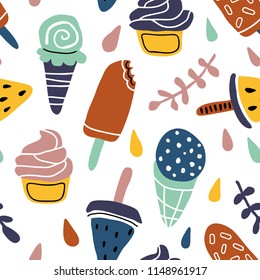 vector seamless background patterns in Scandinavian style,cartoon cute ice creams  and elements for fabric design, wrapping paper, notebooks covers