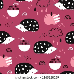 vector seamless background patterns in Scandinavian style,cartoon cute hedgehog characters  and elements for fabric design, wrapping paper, notebooks covers