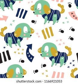 vector seamless background patterns in Scandinavian style,cartoon cute dog characters  and elements for fabric design, wrapping paper, notebooks covers