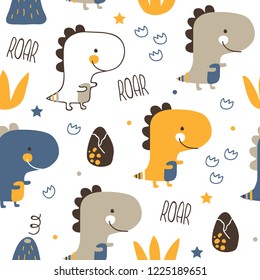 vector seamless background patterns in Scandinavian style,cartoon cute dinosaur characters  and elements for fabric design, wrapping paper, notebooks covers