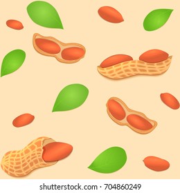 Vector seamless background peanut. A pattern of shelled peanuts in shell and shelled, leaves. Tasty Image on beige background nuts for printing on packaging, advertising of healthy foods