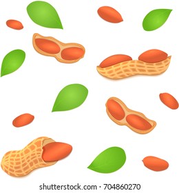 Vector seamless background peanut. A pattern of shelled peanuts in shell and shelled, leaves. Tasty Image on white background nuts for printing on packaging, advertising of healthy foods