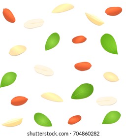 Vector seamless background peanut. A pattern of shelled peanuts shelled, leaves. Tasty Image on white background nuts for printing on packaging, advertising of healthy foods