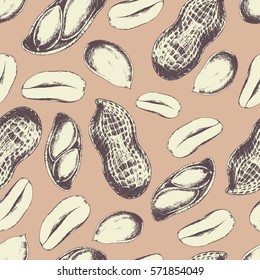 Vector seamless background of peanuts on beige. Ink drawn engraved food illustration in retro style for print, wrapping and other food design. Peanut butter ingredient. Protein and fat foodstuff