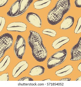 Vector seamless background of peanuts on orange. Ink drawn engraved food illustration in vintage retro style for print, wrapping and other food design. Peanut butter ingredient. Protein  foodstuff