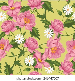 vector seamless background with peony and camomile and leaves on green