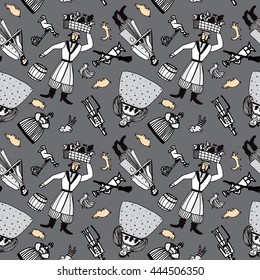 Vector seamless background with people. Decorative hand drawn colorful pattern.