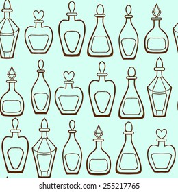 Vector seamless background with perfume bottles. 