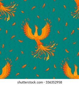 Vector seamless background with phoenix. Texture for web, print, wallpaper, background for invitation card, fashion fabric, textile design.