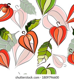 Vector seamless background with physalis, berries and leaves isolated on white background. Winter cherry, cape gooseberry. Floral pattern, Flat design