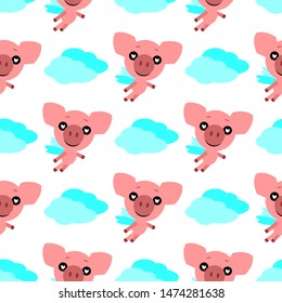 Vector seamless background. Piggy in love. Cute cartoon character. White background. Flat design. Vector illustration.