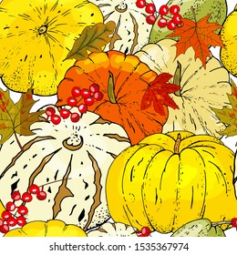 Vector seamless background with pile of orange pumpkins and autumn leaves. Endless texture design template for farm market banners and thanksgiving day background. 