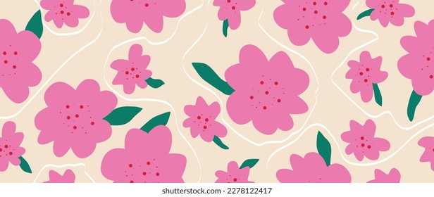 Vector seamless background. Pink abstract flowers on a light background with green leaves. Modern fashion print. Perfect for textile design, backgrounds, screensavers, posters, cards and invitations.
