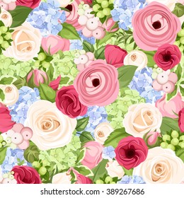 Vector seamless background with pink, blue, red and white roses, lisianthuses, ranunculus and hydrangea flowers and green leaves.