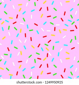 vector Seamless background with pink donut glaze. Decorative bright sprinkles texture pattern design art
