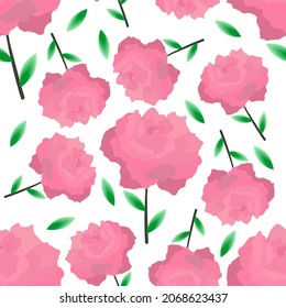 Vector seamless background with pink roses. Rose bud and green stem. Vector illustration. Floral pattern on a white background. Summer picture.