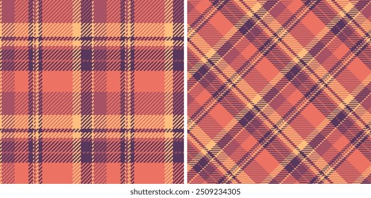 Vetor fundo sem emenda de tecido de verificação xadrez com uma textura de padrão de tartã têxtil. Definido em cores do pôr do sol para lenços elegantes para mulheres.