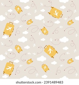 Vector seamless background with plane, suitcase, route, cloud, point of destination. Pastel color travel pattern
