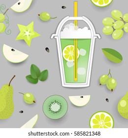 Vector seamless background with plastic cup with a straw and a drink, green fruits. Paper cut designs.