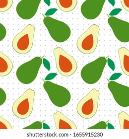 Vector seamless background with polka dots and avocado. Vector half avocado. 
