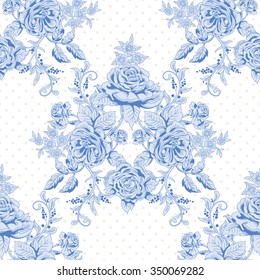 Vector Seamless Background With Polka Dots And A Bouquet Of French Roses. Vintage Style.