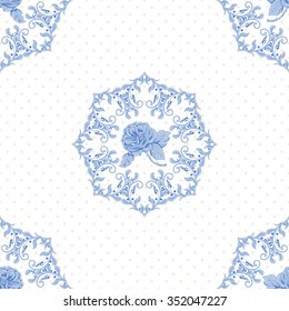 Vector seamless background with polka dots and round pattern of a bouquet of french roses. Vintage style.