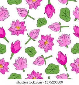 Vector seamless background.  Pond with lotus. Pink flowers, lotus and green leaves. Design for fabrics, textiles, paper, wallpaper, web. Retro. Vintage style. 