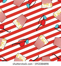 
Vector seamless background. Popcorn patterns and 3d glasses. Texture with red and blue figures.