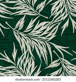 Vector seamless background. Print with mixed leaves. Delicate print on a green background. Digital illustration. Perfect for fabrics, wallpaper, home fashion, interior design.