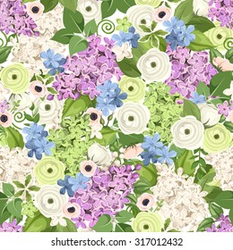 Vector seamless background with purple, white, blue and green lilac flowers, anemones, ranunculus flowers and leaves.