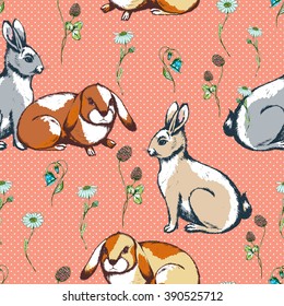 Vector seamless background with rabbit and spring flowers on pink. Ink drawn vector illustration for prints, wrapping, fabric and other design.