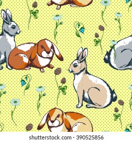 Vector seamless background with rabbit and spring flowers on green with points. Ink drawn vector illustration for prints, wrapping, fabric and other design.
