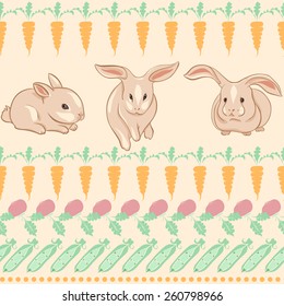 Vector Seamless Background with Rabbits and different vegetables