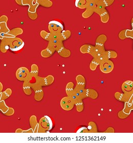 Vector seamless background with realistic christmas gingerbread mans, decorated with icing, on red background