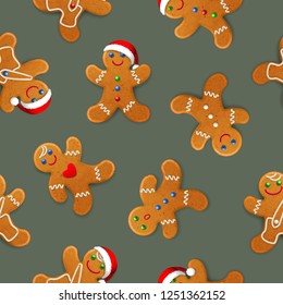 Vector seamless background with realistic christmas gingerbread mans, decorated with icing, on gray-green background