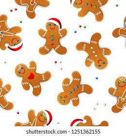 Vector seamless background with realistic christmas gingerbread mans, decorated with icing, on white background