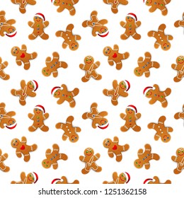 Vector seamless background with realistic christmas gingerbread mans, decorated with icing, on white background